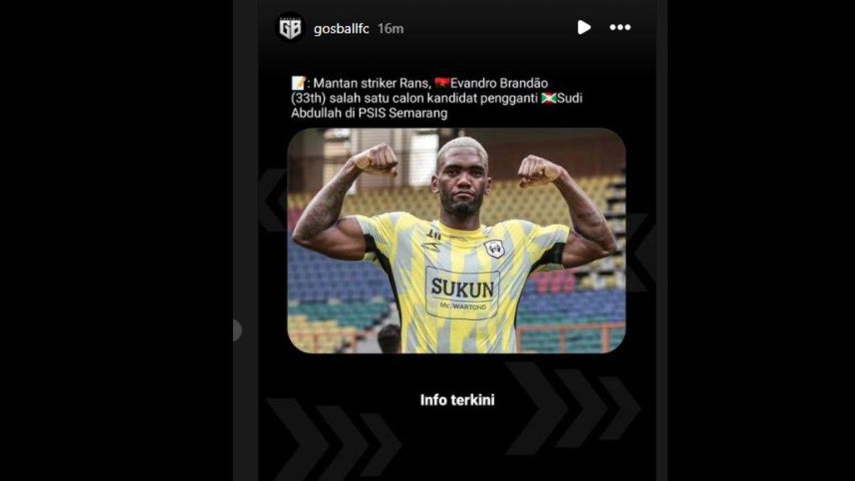 Eks RANS Nusantara FC polesan Manchester United, Evandro Brandao dikaitkan dengan PSIS Semarang. Evandro Brandao diproyeksikan sebagai pengganti Abdallah Sudi untuk sementara waktu di putaran pertama Liga 1 2024.