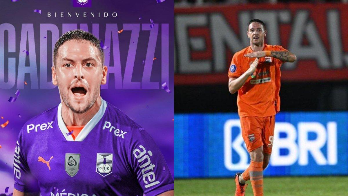 Potret Felipe Cadenazzi saat diumumkan menjadi pemain Defensor Sporting Club (kiri) dan saat berseragam Borneo FC di Liga 1 2023/2024 (kanan).