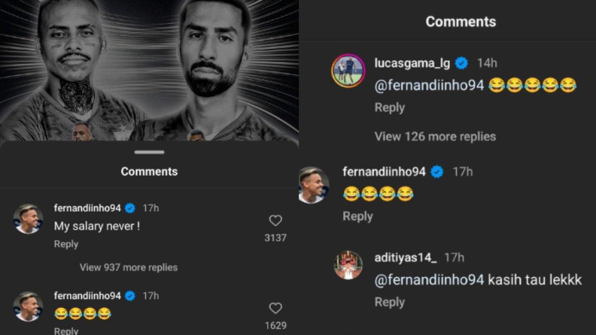 Mantan pemain PSIS Semarang yang baru saja dilepas dari Liga 1 2024, yakni Fernandinho (kiri) sempat menyindir perihal gaji tak lama setelah diumumkan hengkang dari Laskar Mahesa Jenar, yang mana mendapat respons emoji tertawa dari Lucas Gama (kanan) yang merupakan mantan pemain musim lalu.