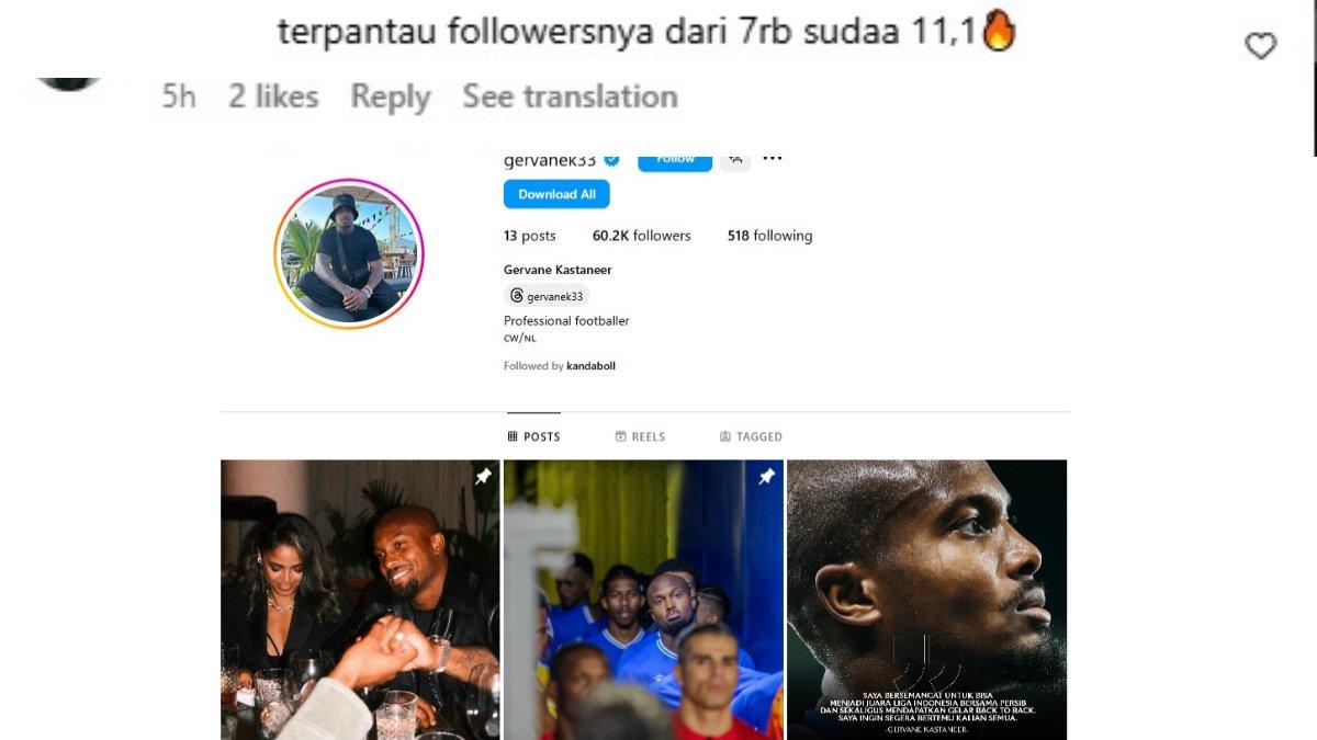 Follower Gervane Kastaneer di Instagram melejit setelah gabung Persib Bandung.