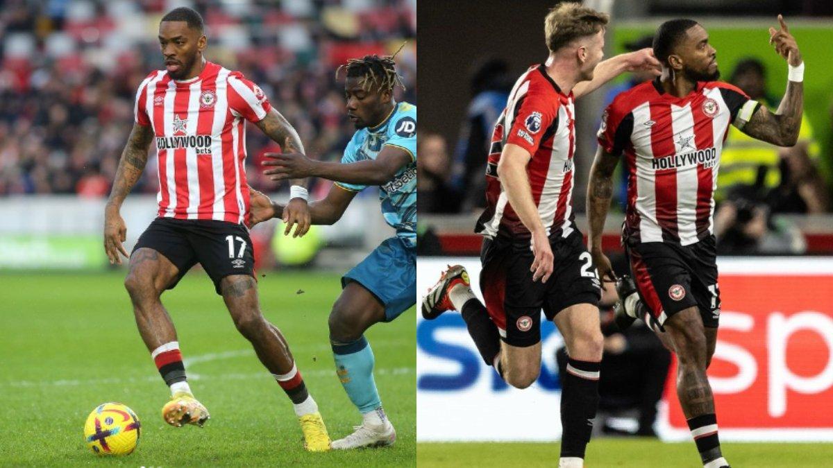 Striker Brentford FC, Ivan Toney(kiri) saat melakukan selebrasi di Brentford Community Stadium.