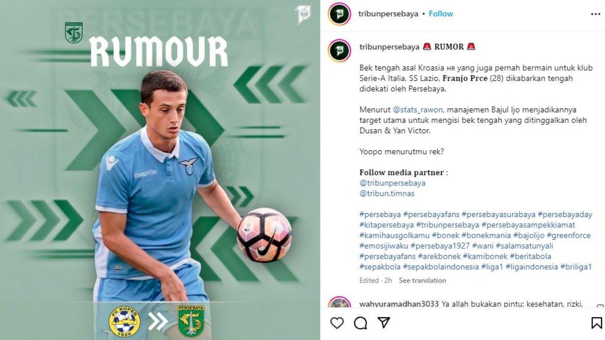 RUMOR - Eks pemain Lazio, Franjo Prce rumornya masuk ke radar transfer Persebaya Surabaya jelang Liga 1 2024.
