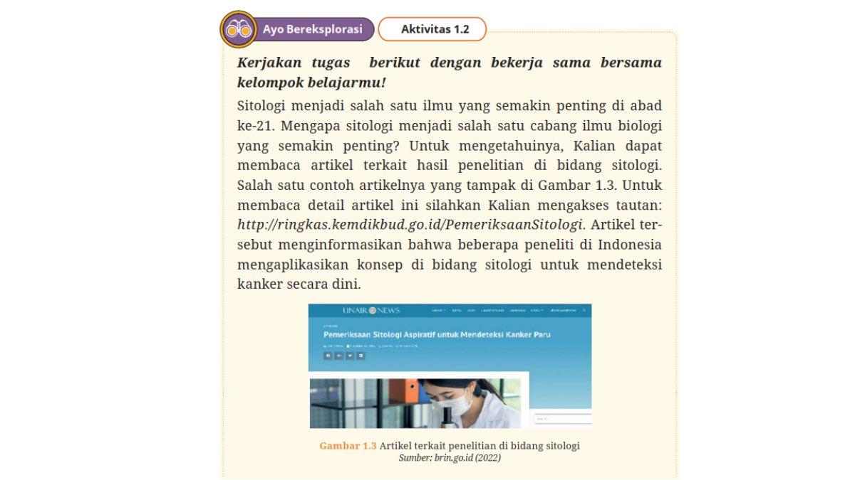 Gambar 1.3 aktivitas 1.2 halaman 7 buku Biologi untuk MA/SMA Kelas 11 kurikulum merdeka tentang “sel”.