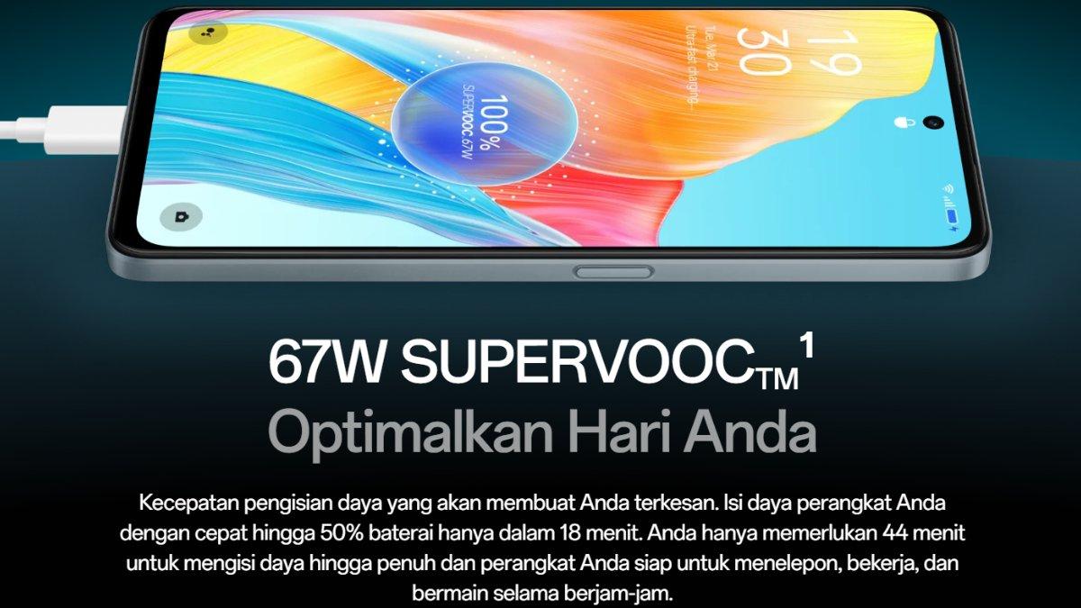 Berikut tampak desain bodi depan Oppo A98 5G: 67W SUPERVOOC.