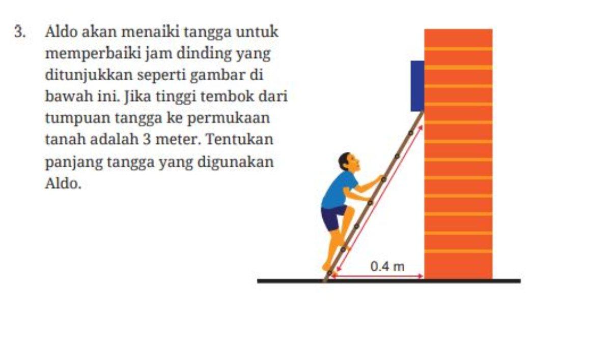 Pada soal nomor 3 latihan 2.1 halaman 62, terdapat gambar Aldo sedang menaiki tangga untuk memperbaiki jam dinding.