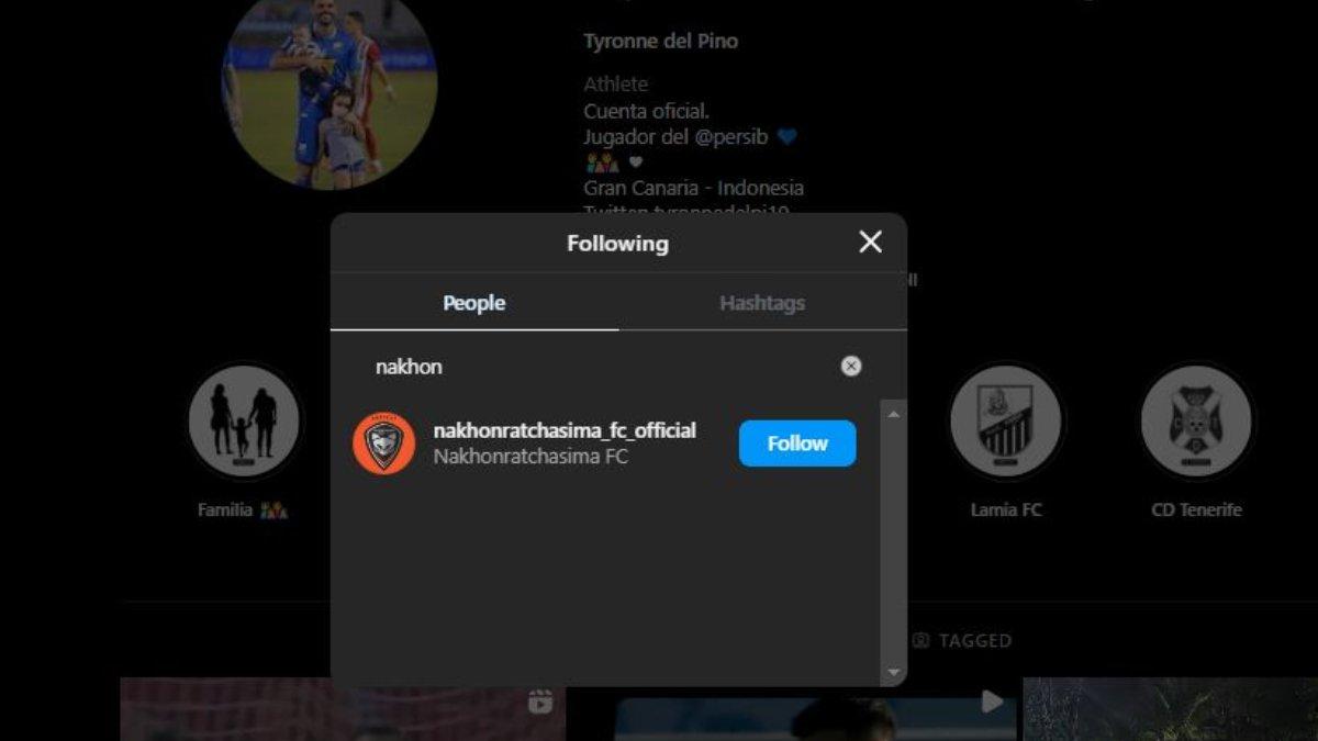 Gelandang serang Persib Bandung yang diparkir di putaran kedua Liga 1 2023, yakni Tyronne del Pino kepergok masih mengikuti Instagram mantan timnya, Nakhonratchasima FC, belum move on?