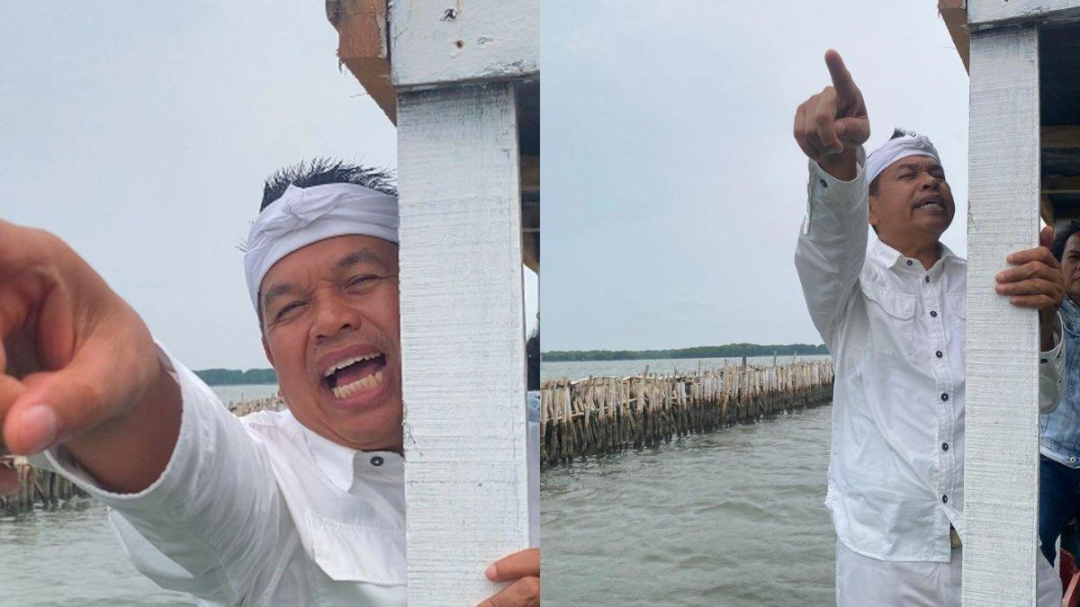 Gubernur Jawa Barat terpilih, Dedi Mulyadi saat mendatangi pagar laut di perairan Kampung Paljaya, Bekasi, Jumat (24/1/2024).