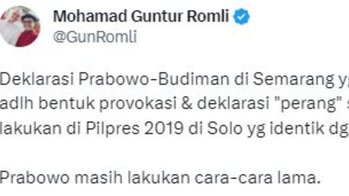 Cuitan Twitter politikus PDIP Guntur Romli soal dekarasi dukungan Budiman untuk Prabowo di Semarang, Jawa Tengah.
