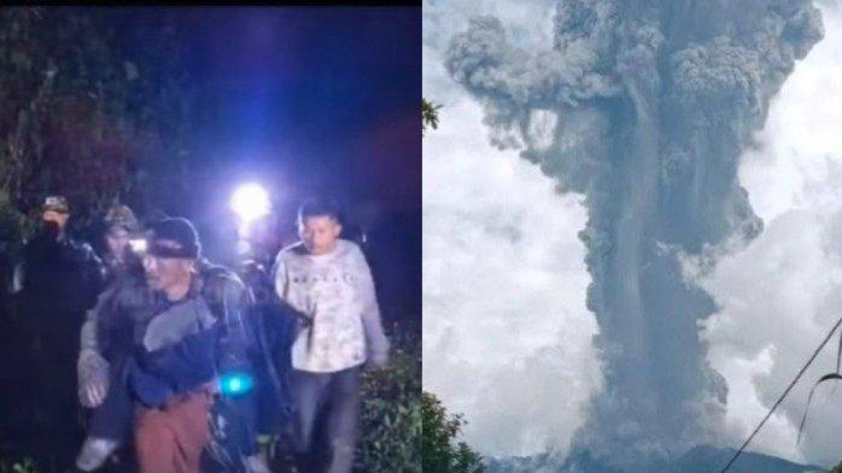 Kolase foto evakuasi para pendaki (kiri) yang terjebak di Gunung Marapi saat erupsi (kanan) pada Minggu (3/12/2023). Berdasarkan data dari Basarnas, hingga kini ada 49 orang yang berhasil diselamatkan, 11 orang pendaki dinyatakan meninggal.