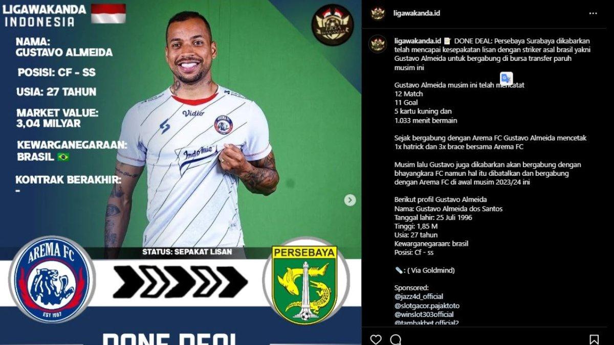 Rumor merapatnya bomber Arema FC, Gustavo Almeida ke Persebaya Surabaya jelang putaran kedua Liga 1 2023, Kamis 12 Oktober 2023.