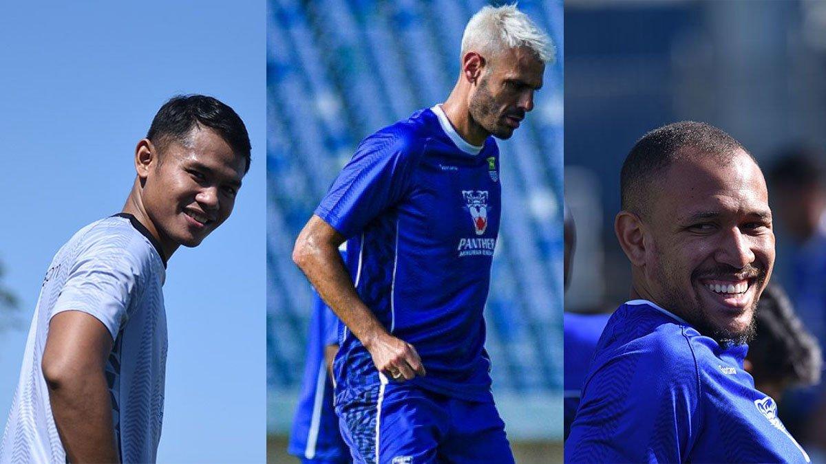 Pemain anyar Persib Bandung (kiri ke kanan) Dimas Drajad, Gustavo Del Pino, dan Gustavo Franca. Pelatih Maung Bandung, Bojan Hodak, rencananya akan memainkan ketiganya pada laga Piala Presiden 2024 antara Persib Bandung Vs Borneo FC.