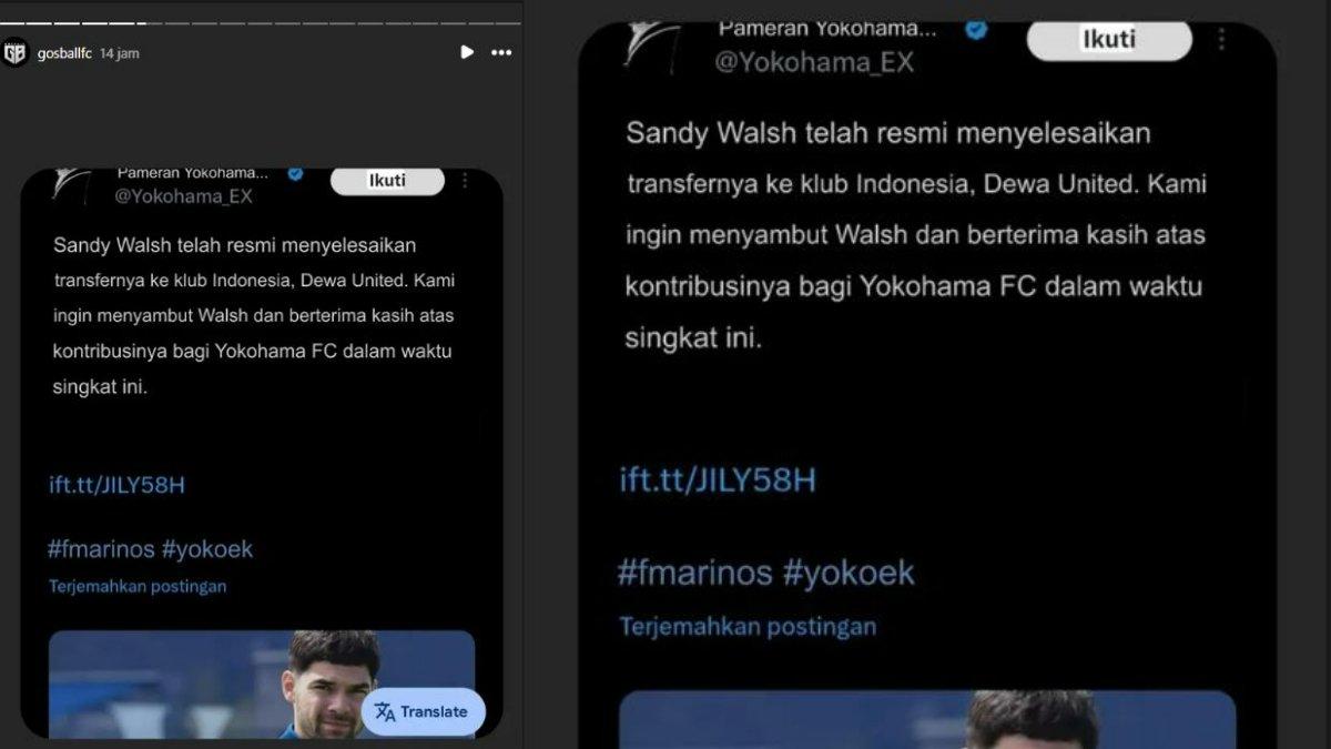 (HOAX) Viral terjemahan dari akun X, @Yokohama_EX yang menyebut Sandy Walsh telah resmi menyelesaikan transfernya ke Dewa United.