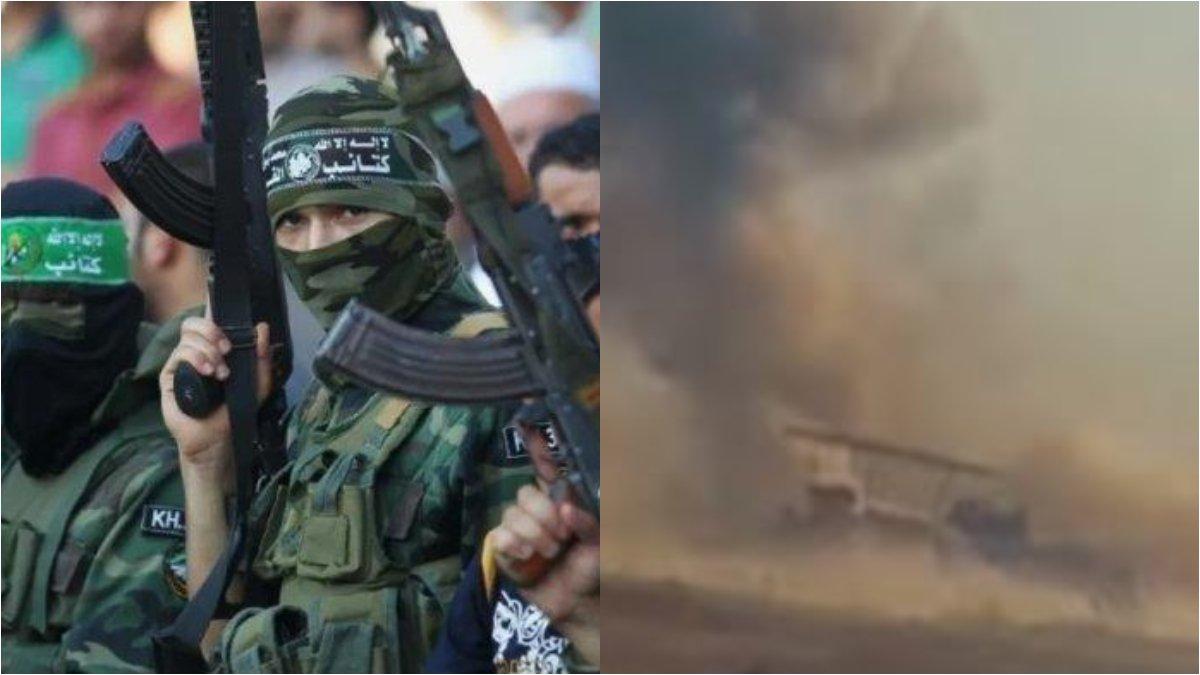 Potret pejuang Hamas (kiri) dan kondisi tank Israel yang hancur seusai diledakkan Hamas (kanan).