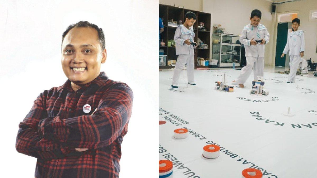 Hendro Yulius Suryo, peraih penghargaan Semangat Astra Terpadu Untuk Indonesia (SATU) Indonesia Awards (SIA) 2019 bidang teknologi (kiri) dan siswa SD Al Azhar 35 Surabaya saat mempersiapkan diri mengikuti lomba Junior Robotic Competition 15 Desember 2018 (kanan).