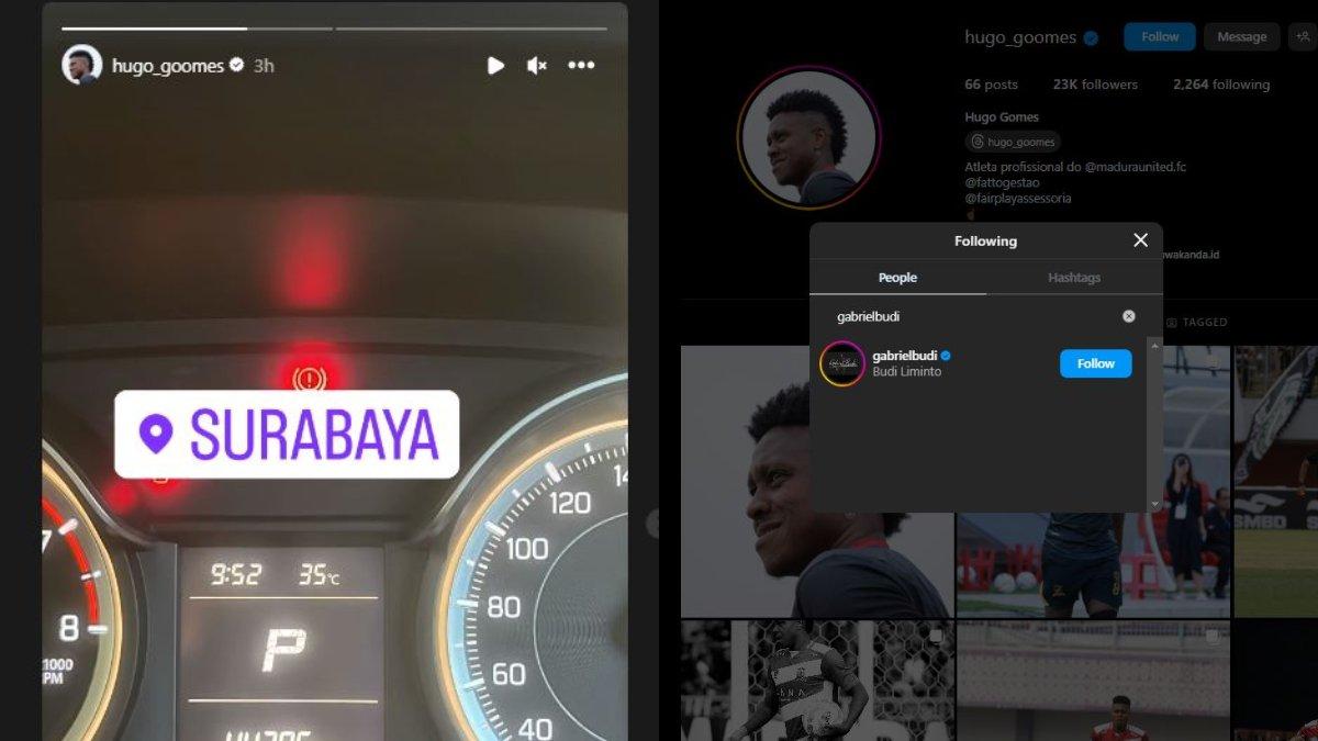 Kolase foto gelandang Madura United, Hugo Gomes yang tengah berada di Surabaya pada Senin, 20 November 2023 (kiri) dan telah saling mengikuti dengan agen pemain langganan Persebaya Surabaya, Gabriel Budi (kanan).