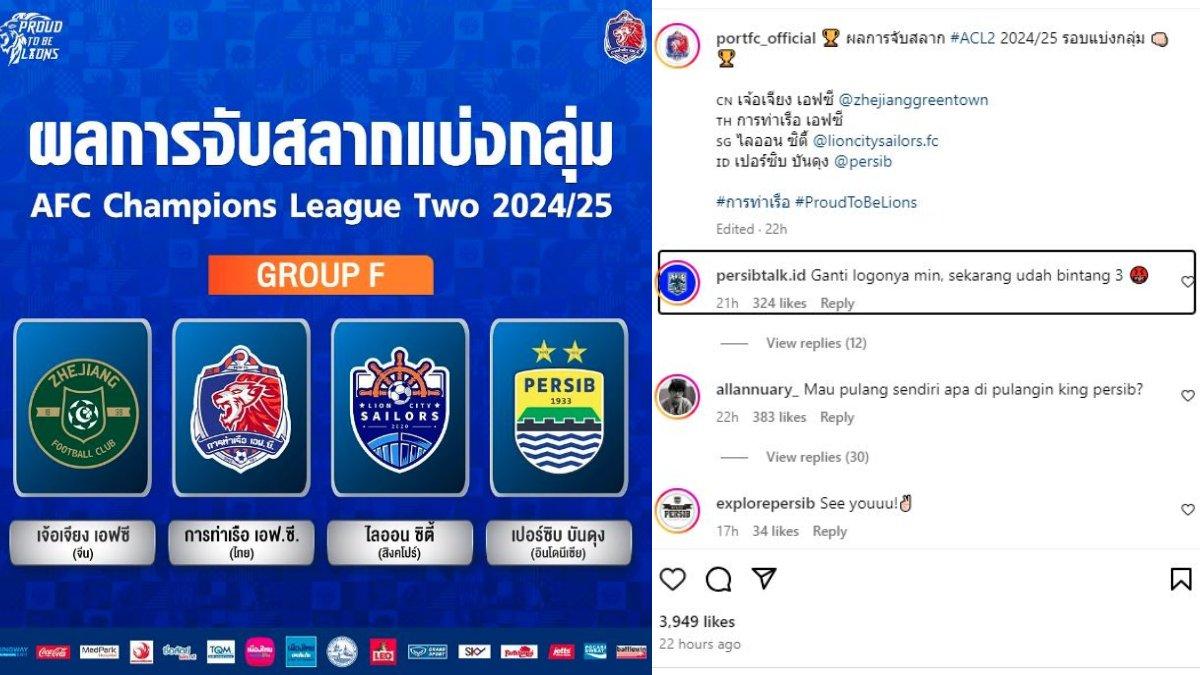 Instagram Port FC banjir komentar dari pendukung Persib Bandung, Bobotoh seusai umumkan hasil drawing AFC Champions League 2 2024, Jumat (16/8). Bobotoh tampak menyorot logo Persib Bandung yang dipakai oleh Port FC, di mana harusnya ada tiga bintang di lambang Pangeran Biru.