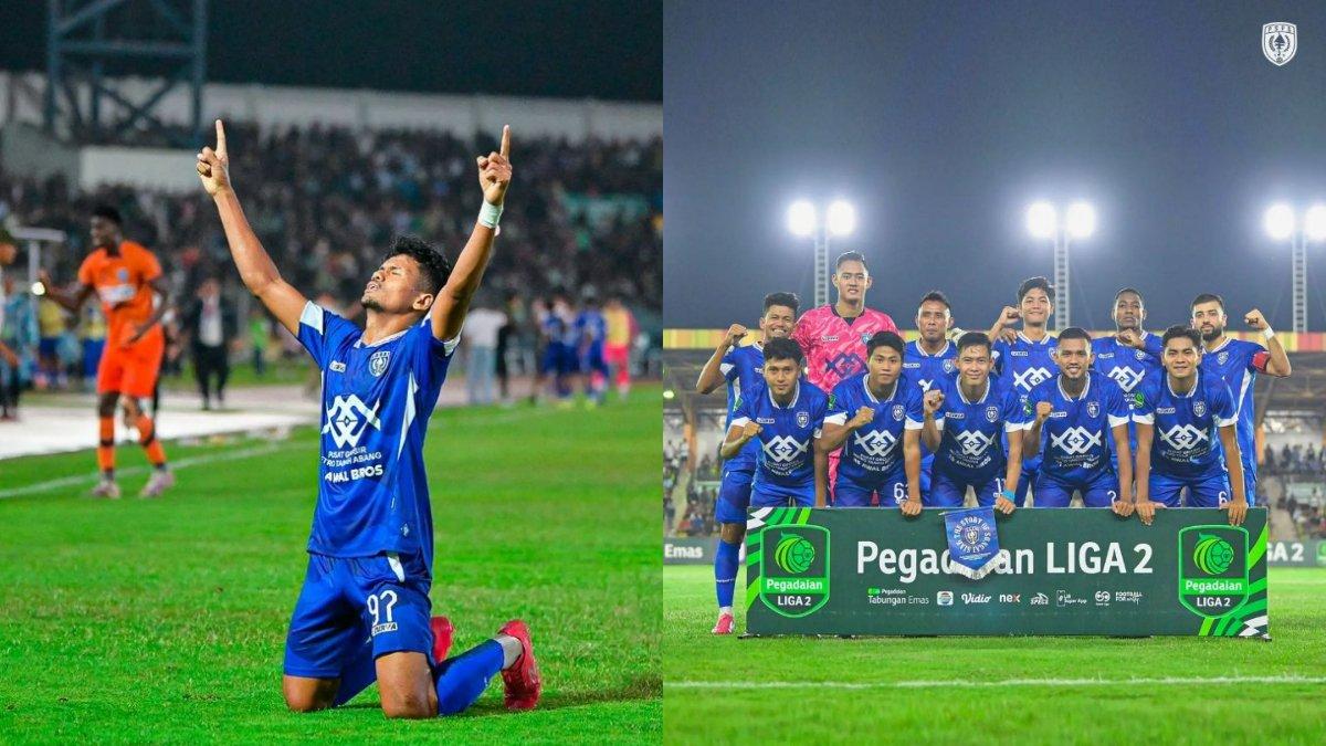 Potret Ilham Fathoni saat melakukan selebrasi gol (kiri) dan skuad PSPS Riau di Liga 2 2024/2025 (kanan).