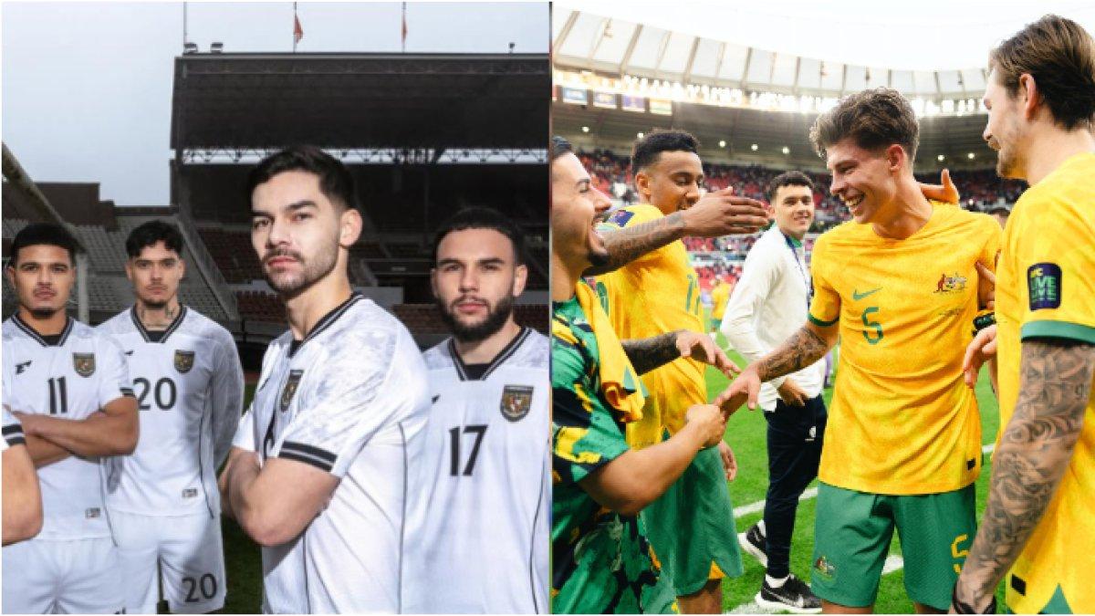 TIMNAS INDONESIA KONTRA AUSTRALIA - Potret skuad Timnas Indonesia saat launching jersey away (kiri) dan selebrasi skuad Australia (kanan.