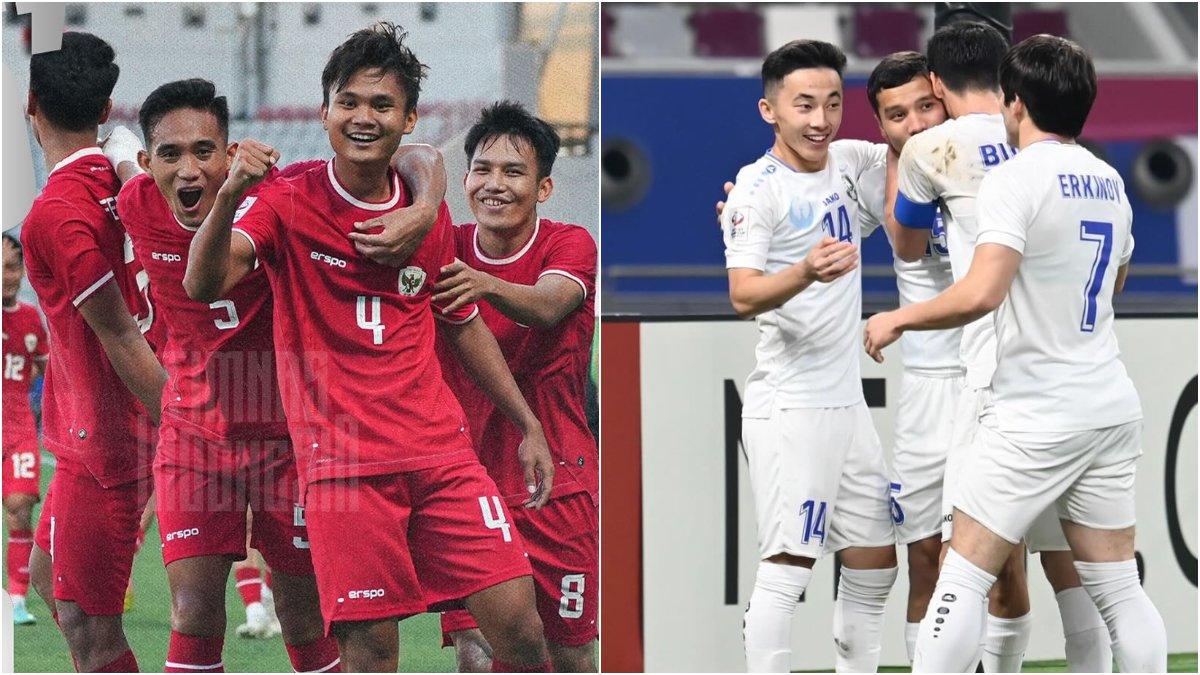 Skuad Timnas U-23 Indonesia (kiri) dan Uzbekistan (kanan).