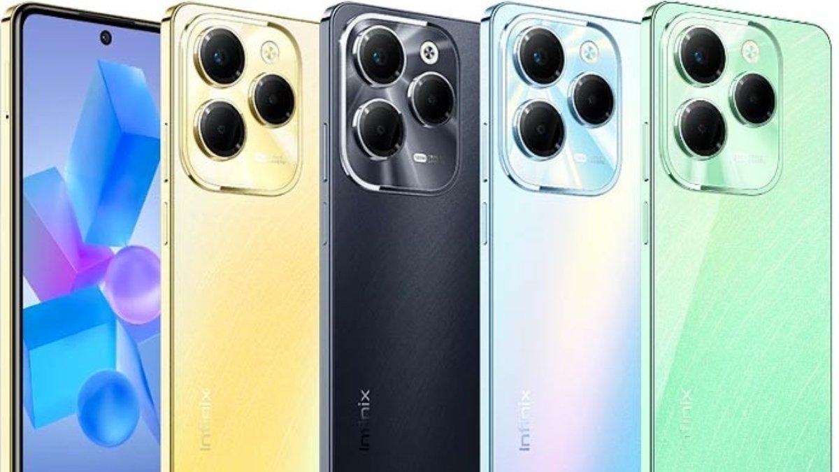 Tampilan desain bodi belakang Infinix Hot 40 Pro: Palm Blue, Horizon Gold, Starlit Black, dan Starfall Green.