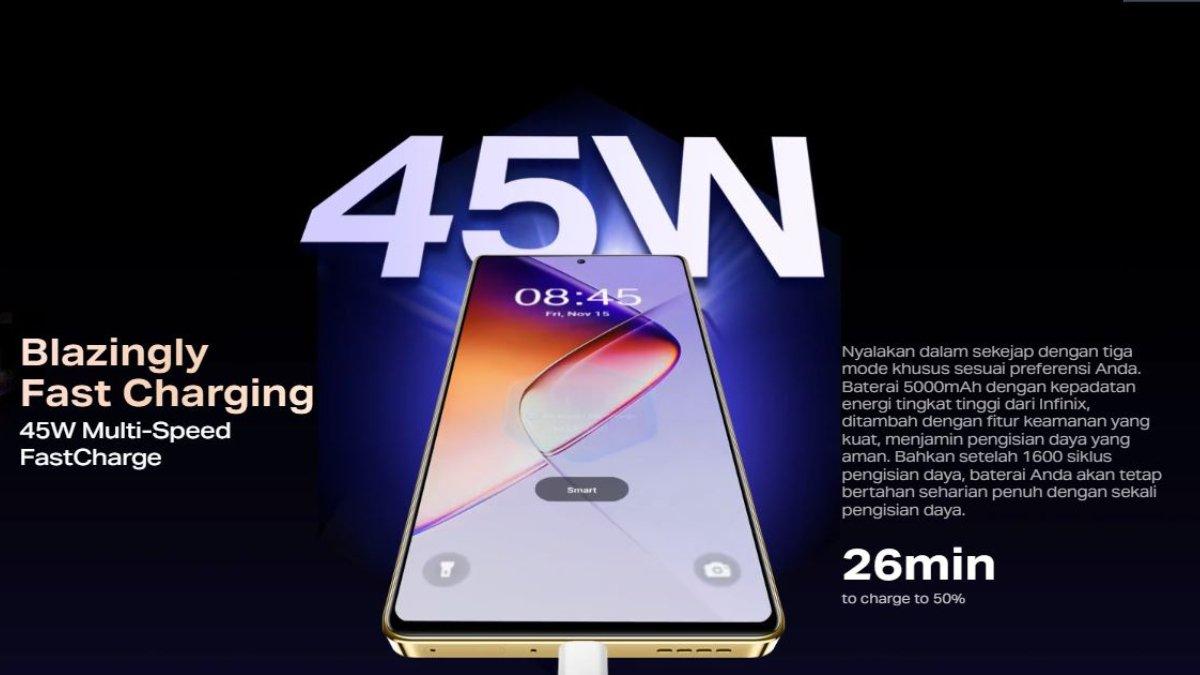 Infinix Note 40 dengan salah satu keunggulan spesifikasinya: 45W Blazingly Fast Charging.