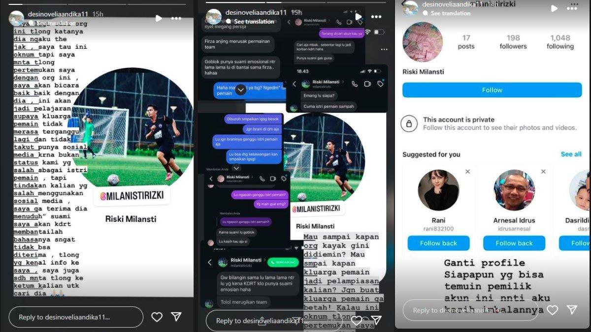Istri pemain Persija Jakarta Firza Andika, yakni Desi Novelia Sari sempat mendapat pesan kurang mengenakkan dan jadi sasaran luapan emosi dari oknum suporter seusai Persija Jakarta kalah dari Persib Bandung di pekan keenam Liga 1 2024, Senin (23/9).