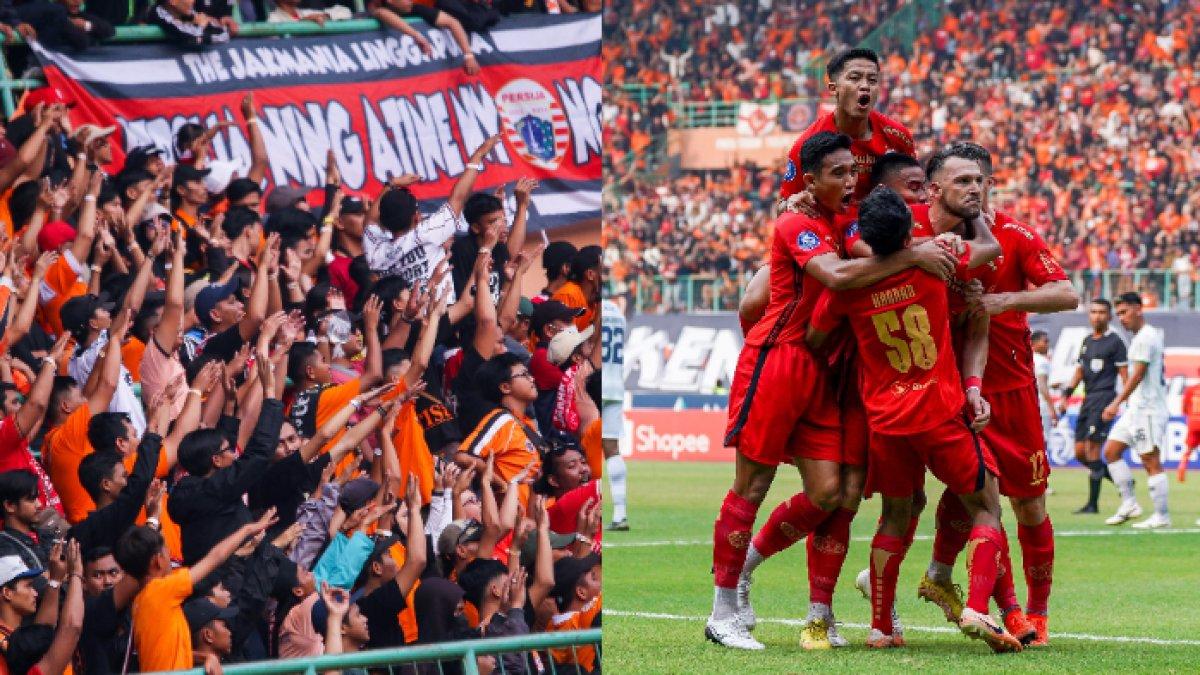 Kolase foto suporter Persija Jakarta, The Jakmania (kiri) dan para pemain Tim Macan Kemayoran di gelaran Liga 1 2024/2026 (kanan).