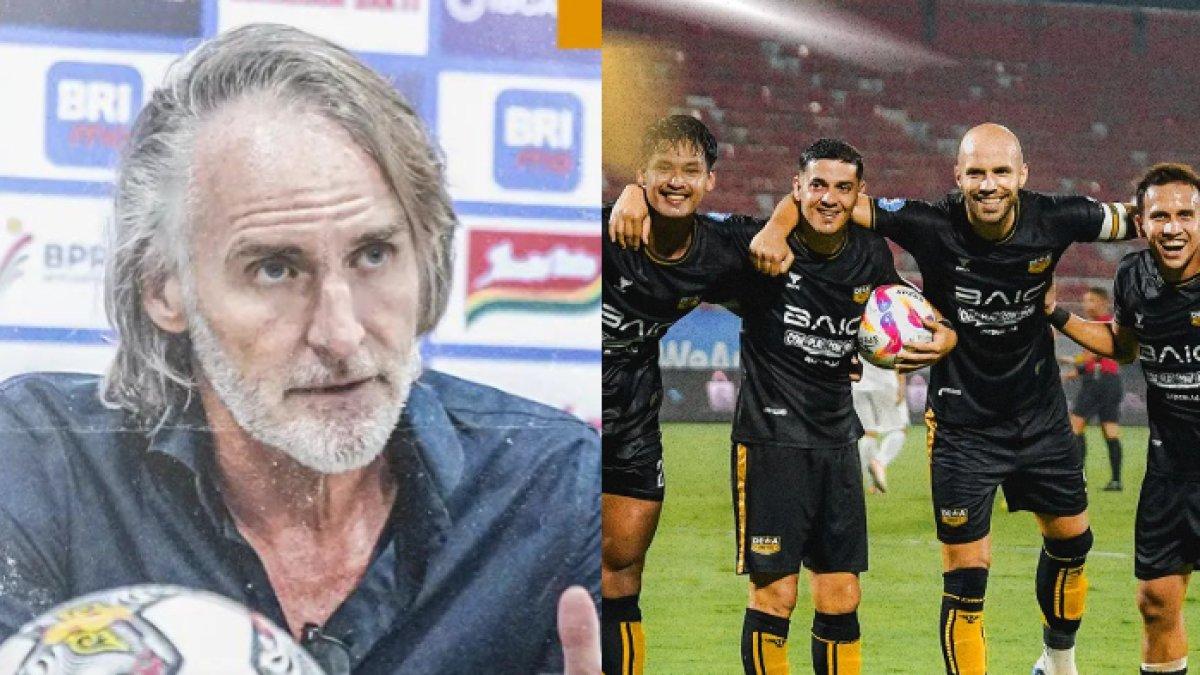 Sosok Jan Olde Riekerink (kiri) dan selebrasi gol Dewa United (kanan).