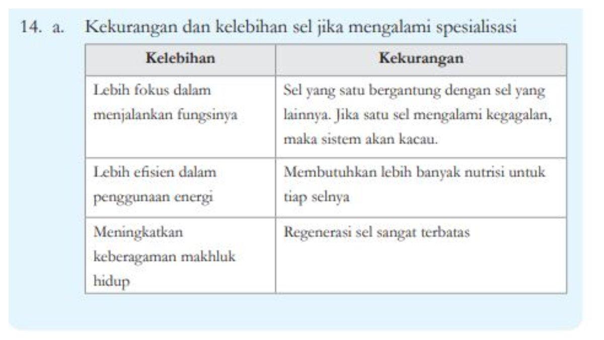 Jawaban soal nomor 14 bagian a , Kekurangan dan kelebihan sel jika mengalami spesialisasi.