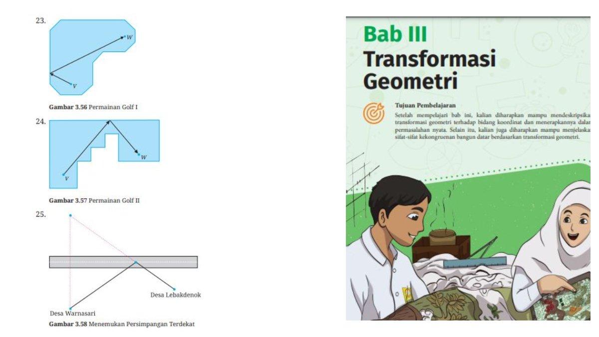 Simak pembahasan soal nomor 23, 24, dan 25, yang terdapat pada uji kompetensi bab 3 tentang Transformasi Geometri halaman 208-209.