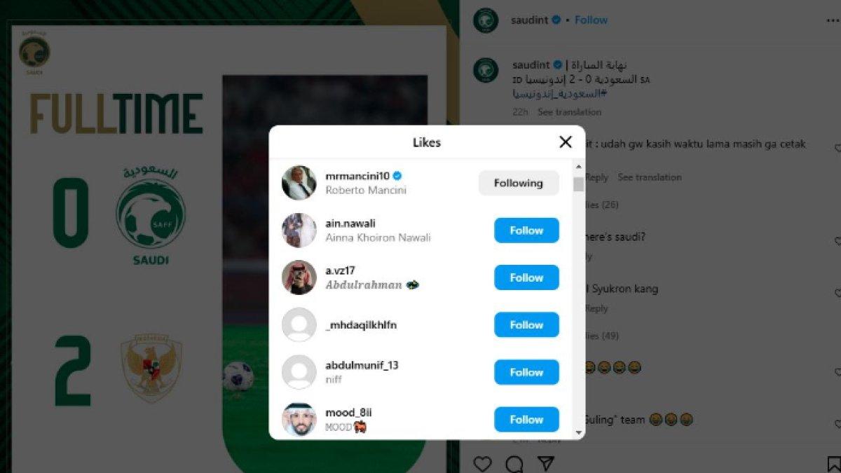 Mantan pelatih Arab Saudi, Roberto Mancini tampak menyukai unggahan kekalahan The Green Falcon dari Timnas Indonesia di ronde ketiga Kualifikasi Piala Dunia 2026 Zona Asia, Selasa (19/11).