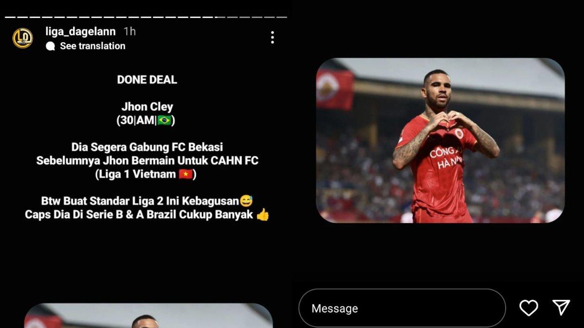 Rumor sosok Jhon Cley yang masuk radar transfer FC Bekasi City untuk Liga 2 2024. Jhon Cley sendiri sempat dikaitkan dengan PSIS Semarang beberapa waktu lalu.