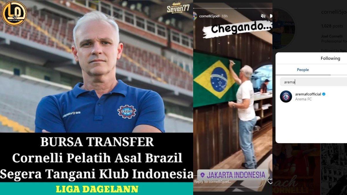Kolase foto sosok Joel Cornelli (kiri), pelatih asal Brasil yang santer merapat ke Arema FC di Liga 1 2024. Joel Cornelli sendiri sudah tiba di Indonesia dan kepergok mengikuti Instagram Arema FC (kanan).