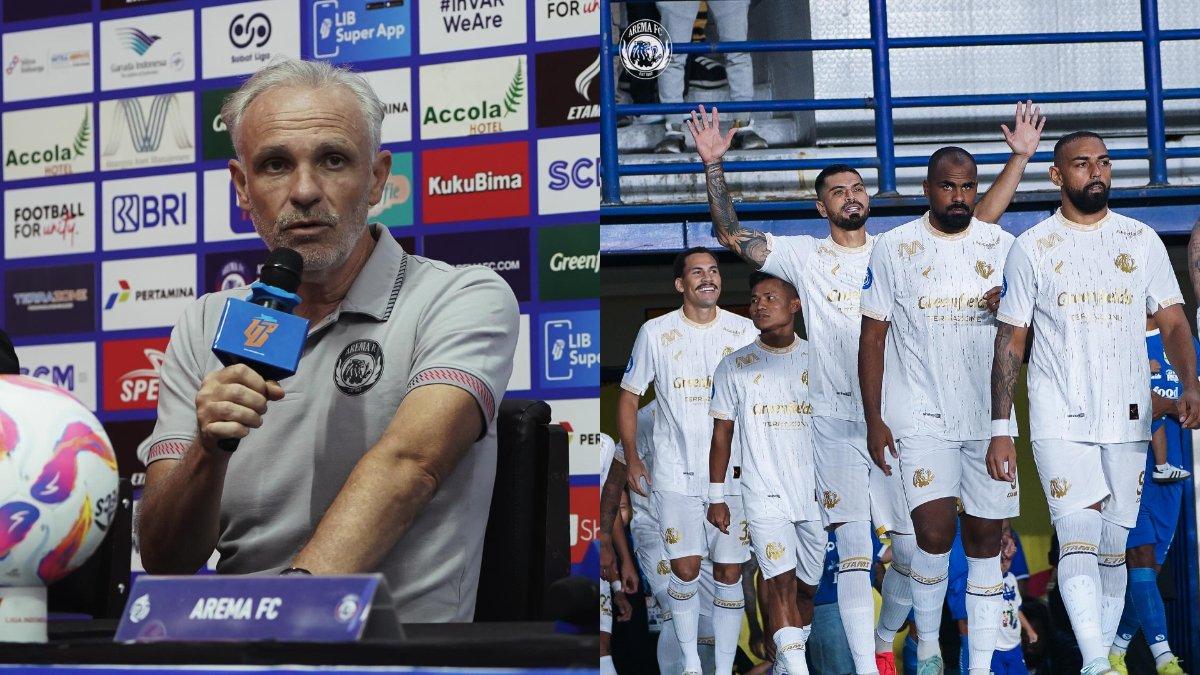 Sosok pelatih Arema FC Joel Cornelli (kiri) dan skuad Arema FC (kanan).