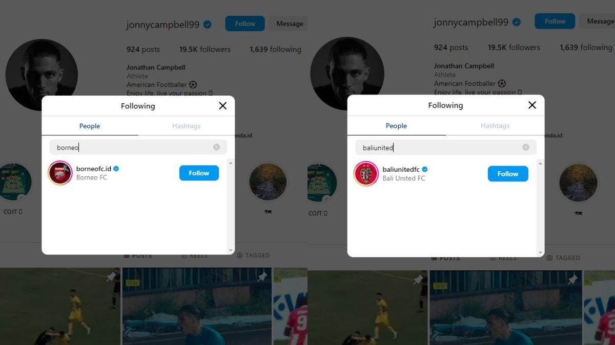 Bek Persela Lamongan, Jonny Campbell kepergok mengikuti Instagram Bali United dan Borneo FC.