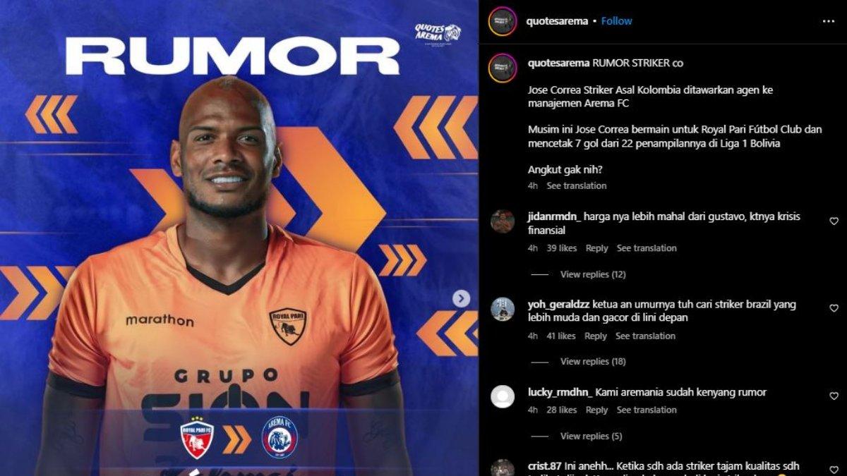 Sosok striker asal Kolombia, yakni Jose Correa tengah ditawarkan kepada Arema FC di putaran kedua Liga 1 2023.