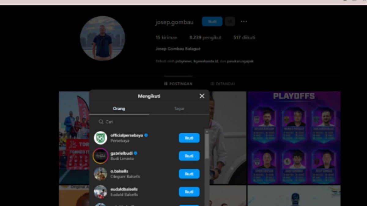 Josep Gombau follow IG resmi Persebaya