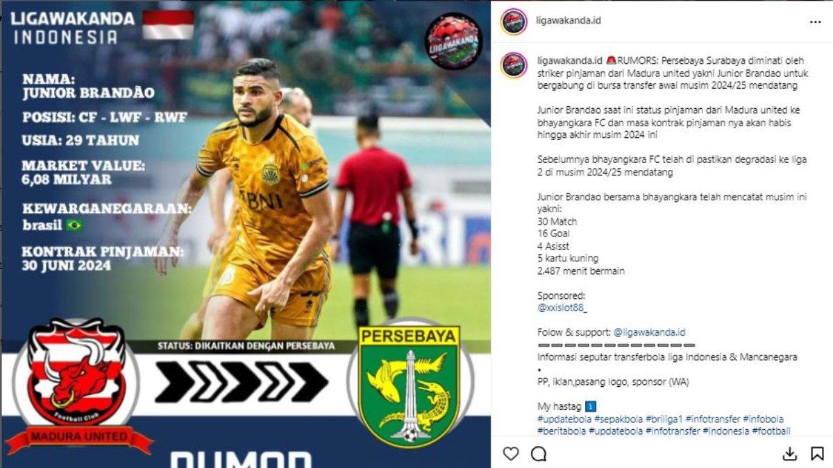 Striker Madura United, Junior Brandao dibidik Persebaya Surabaya.
