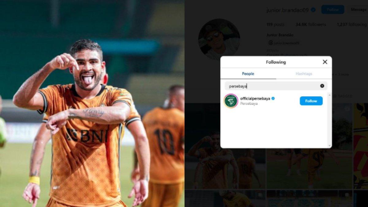 Sosok eks Madura United dan Bhayangkara FC, Junior Brandao (kiri) yang seolah masih menebar kode ingin direkrut Persebaya Surabaya dengan mengikuti Instagram Bajul Ijo (kanan) di Liga 1 2024 ini.