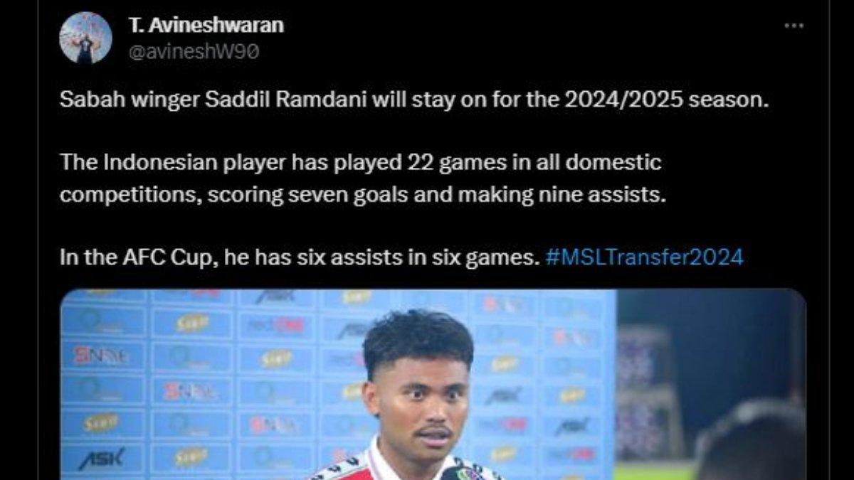 Jurnalis Malaysia menyebut winger Timnas Indonesia, yakni Saddil Ramdani bakal bertahan di Sabah FC meski sempat berpamitan dengan klub berjuluk The Rhinos tersebut pada Senin, 18 Desember 2023.