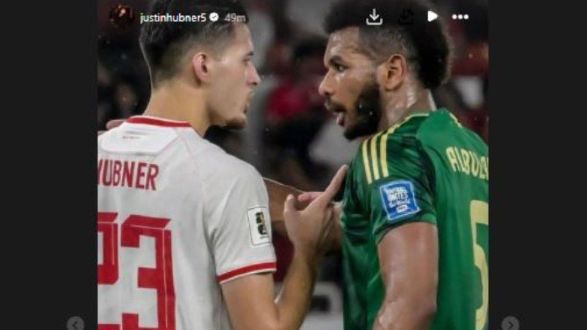 Momen pertemuan dua preman di laga Timnas Indonesia kontra Arab Saudi, Justin Hubner dan Al Bulayhi yang saling bersitegang, Selasa (19/11/2024).