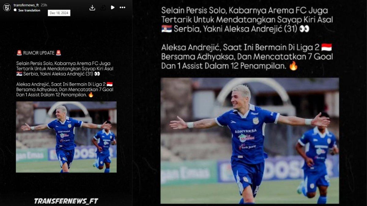 Kabar Arema FC dan Persis Solo incar Aleksa Andrejic.