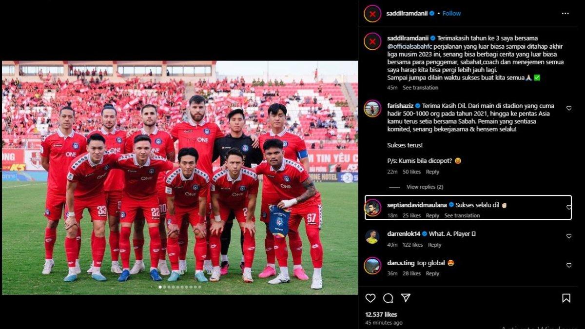 Winger Timnas Indonesia, Saddil Ramdani yang berpamitan dari Sabah FC pada Senin, 18 Desember 2023 tengah mendapat pesan dari bintang PSIS Semarang yakni Septian David Maulana, kode ajakan bergabung?