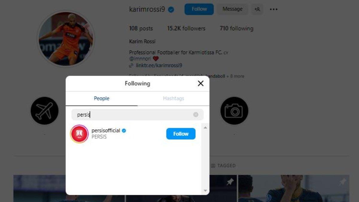 Karim Rossi kepergok mengikuti Instagram resmi Persis Solo, Sabtu 20 Januari 2024.