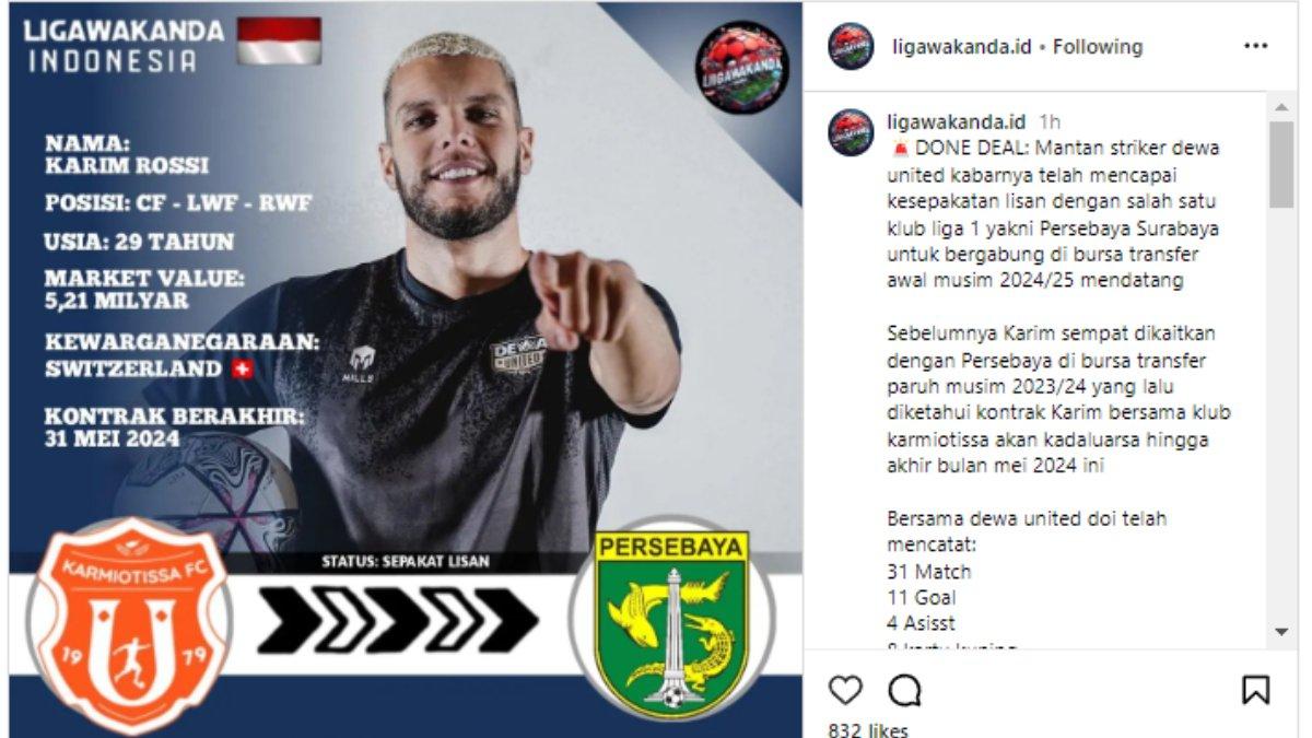 Sosok striker asal Swiss, yakni Karim Rossi kabarnya sepakat lisan untuk bergabung ke Persebaya Surabaya di musim 2024/2025 kelak, Minggu 14 April 2024.