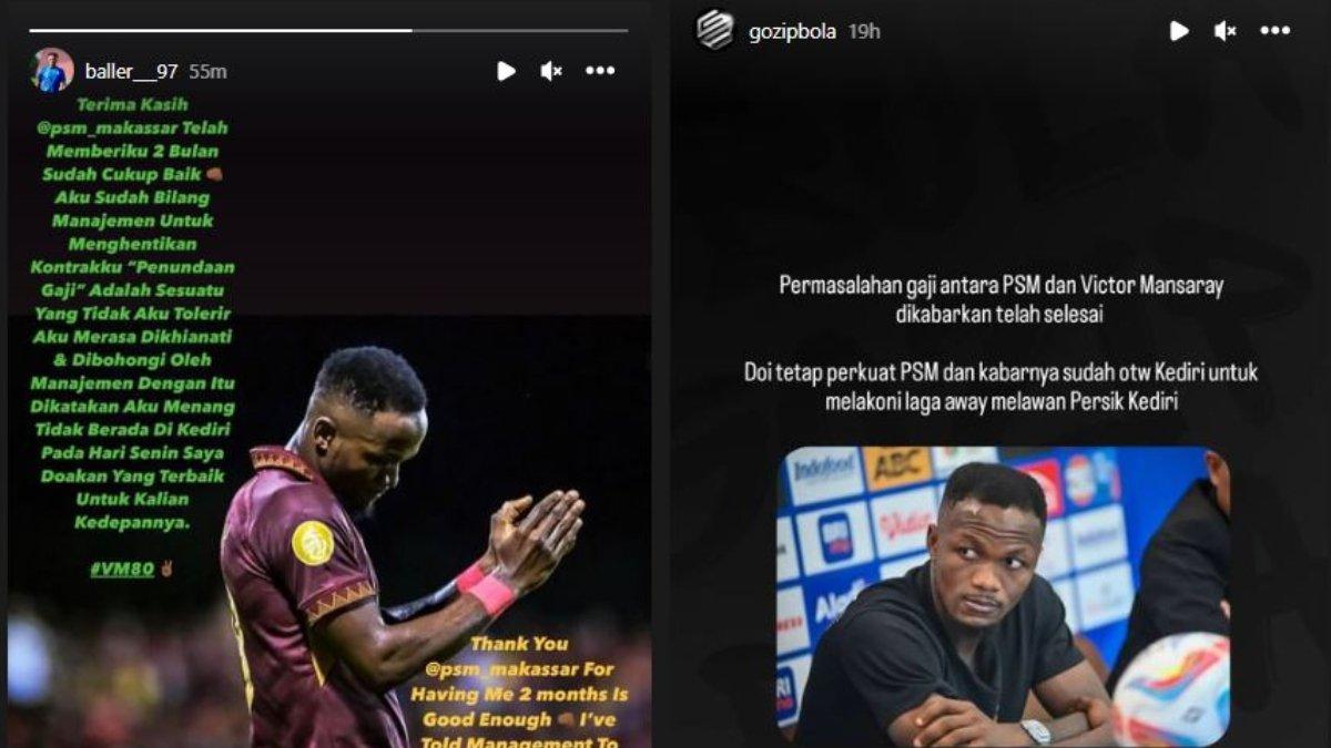 Kolase foto Victor Mansaray yang curhat setelah mendapati gajinya di PSM Makassar tertunggak selama dua bulan, Jumat 15 Desember 2023 (kiri) dan rumor permasalahan bomber baru Juku Eja tersebut sudah selesai (kanan), Minggu 17 Desember 2023.