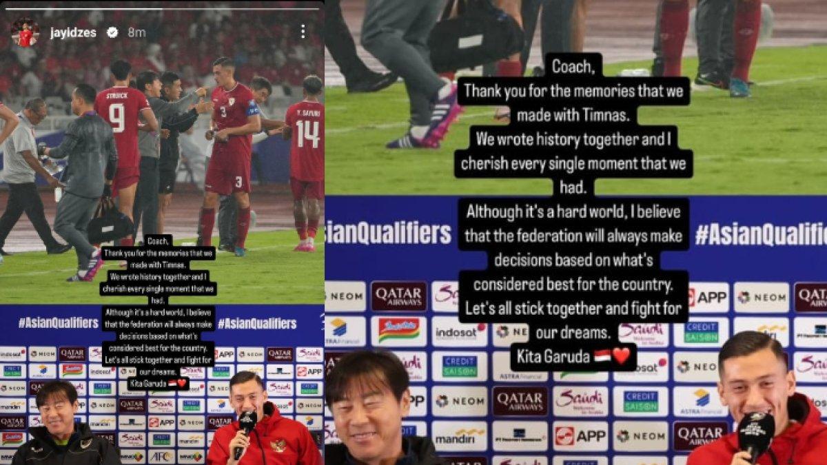 Kapten Timnas Indonesia Jay Idzes memberikan kalimat perpisahan haru kepada Shin Tae-yong yang baru saja dipecat dari skuad Garuda pada Senin (6/1).