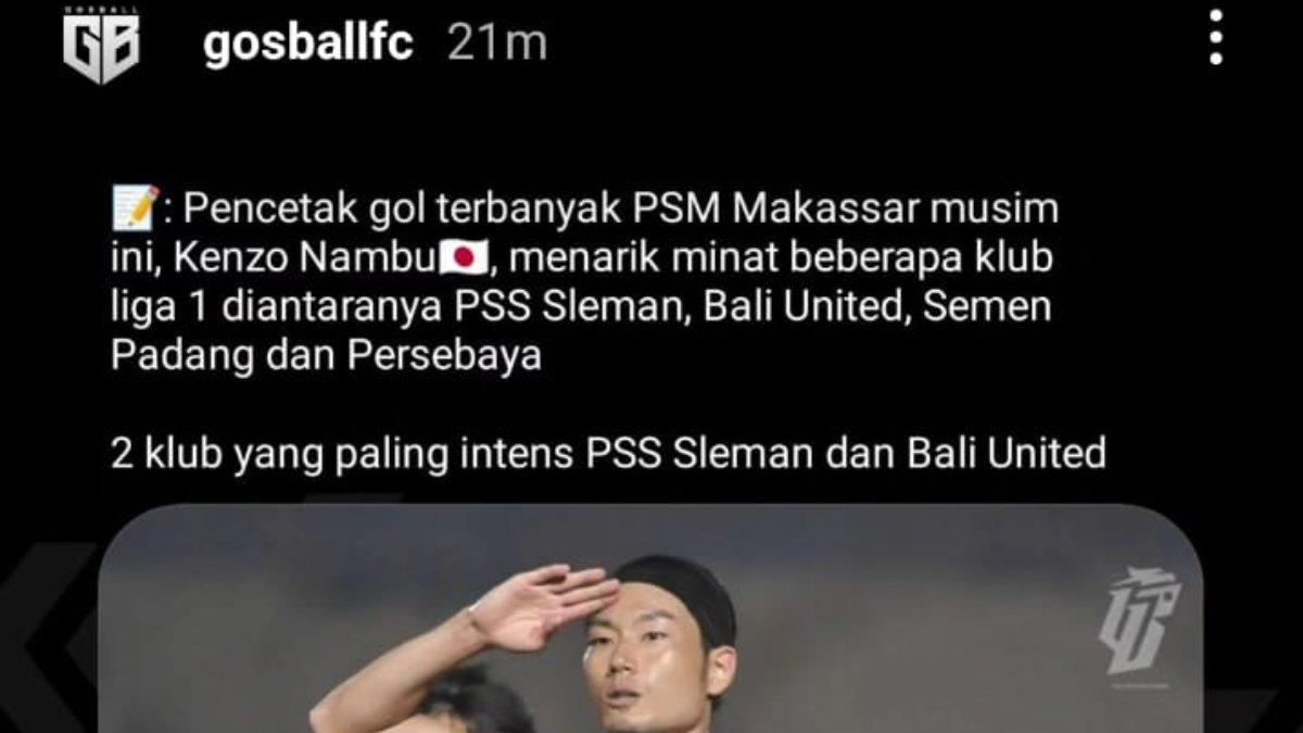 RUMOR - Top skor klub PSM Makassar asal Jepang, yakni Kenzo Nambu tengah dikaitkan dengan PSS Sleman dan Bali United jelang musim 2024/2025.