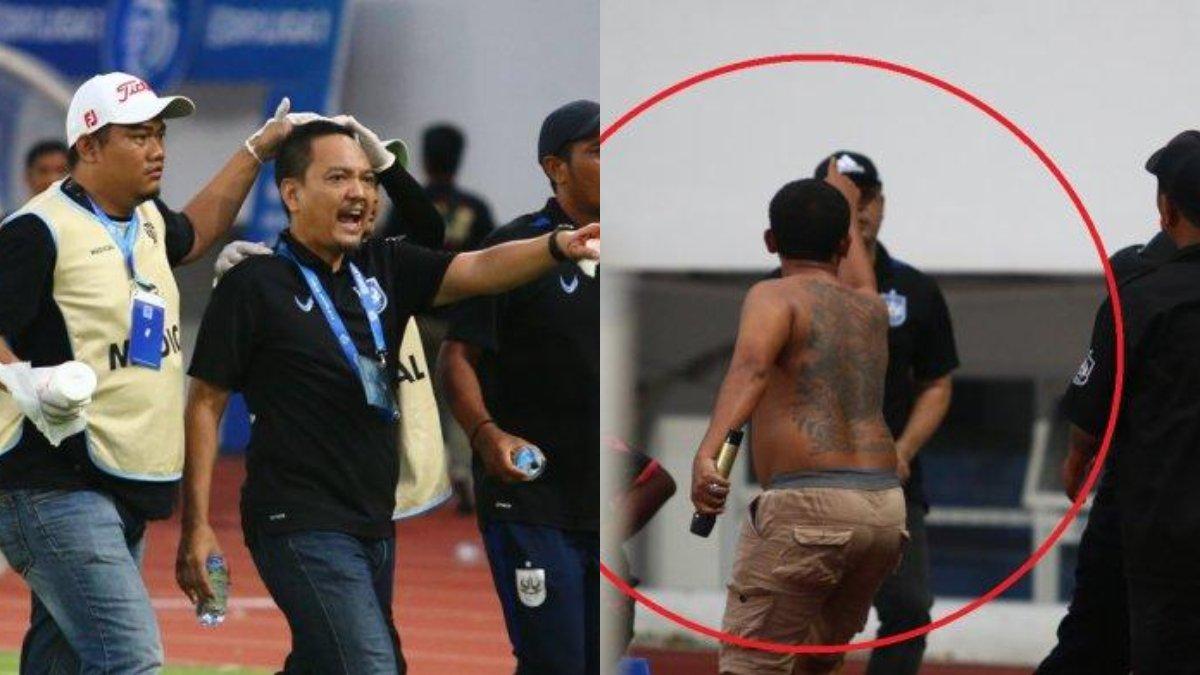 CEO PSIS Yoyok Sukawi terlihat turut menenangkan kericuhan ini meski kepala terluka dalam laga PSIS Semarang Vs PSS Sleman (Kiri). Sosok pria dengan punggung penuh tato diduga suporter PSS Sleman terekam kamera merangsek masuk ke lapangan dan menuding ofisial PSIS Semarang (kanan).