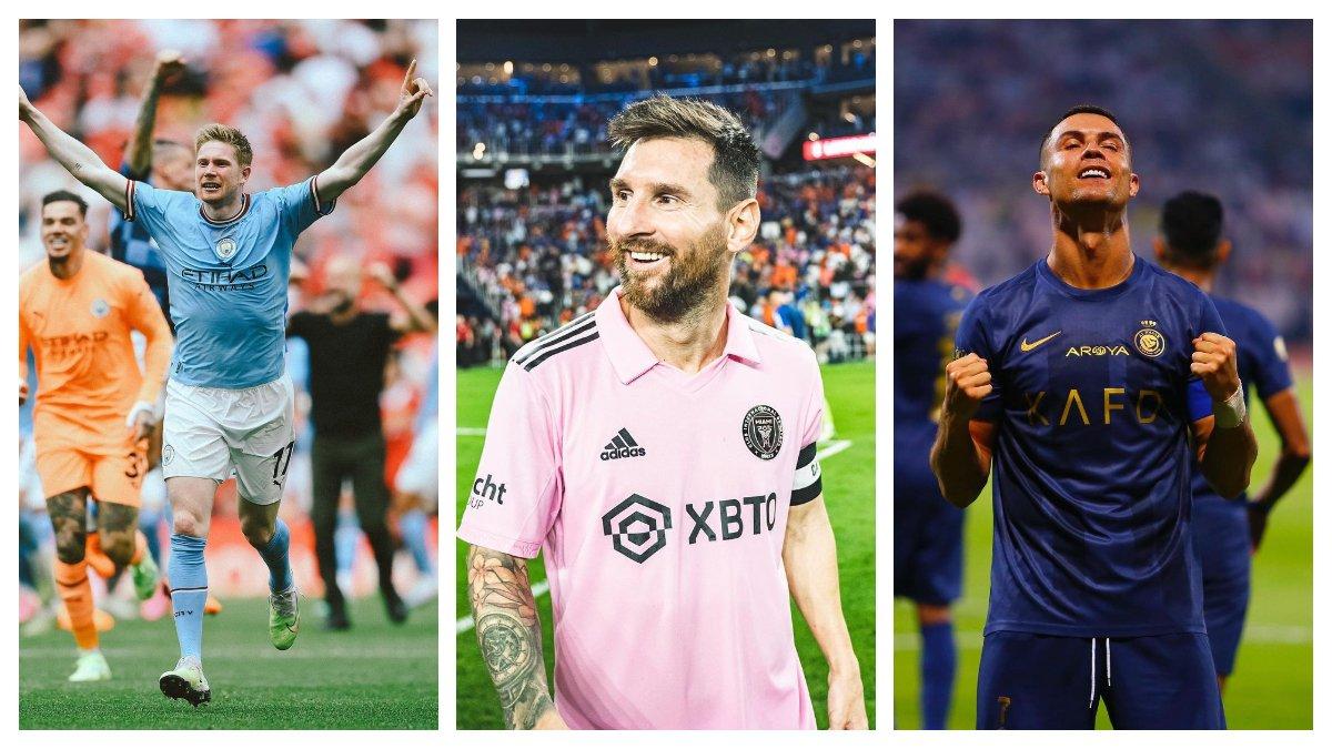 Potret Kevin De Bruyne, Lionel Messi dan Cristiano Ronaldo.